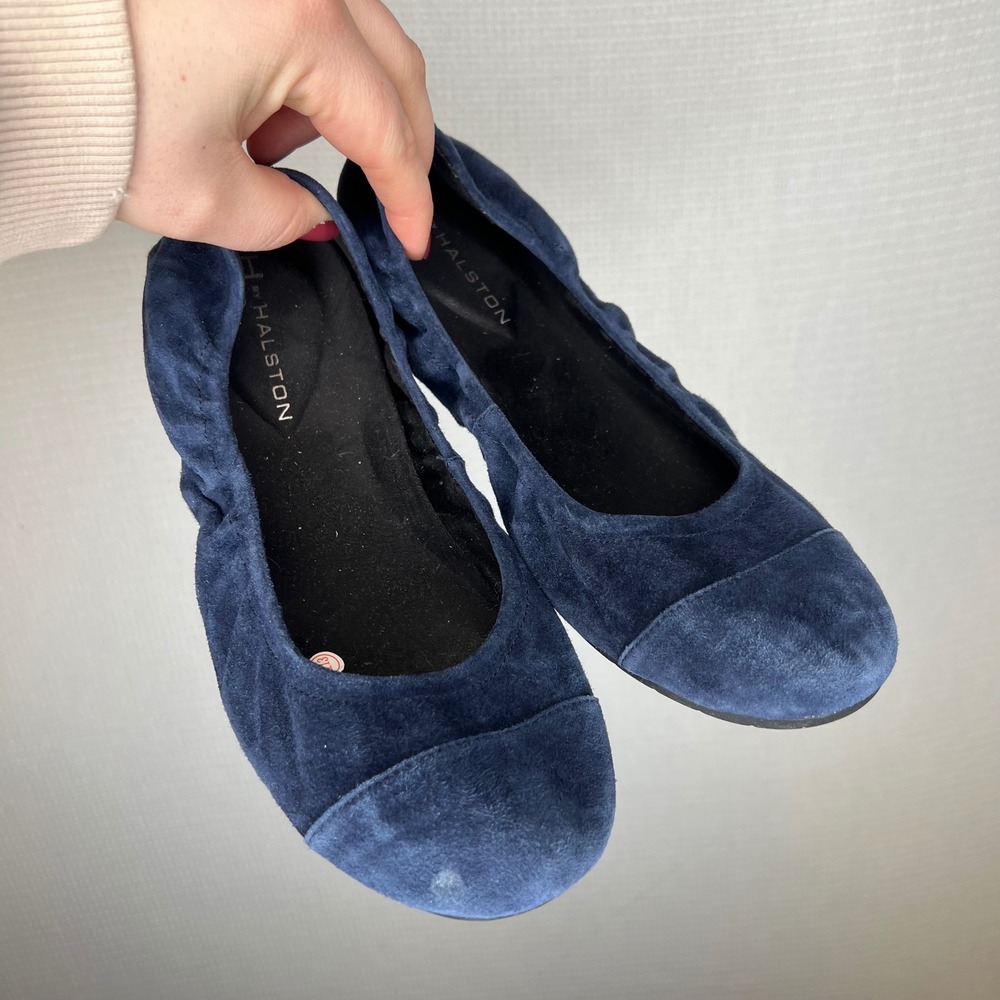 H‎ by Halston Kaden Navy Blue Suede Ruched Ballet Flats Women's Size 8W